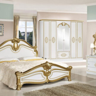 Dormitor Amalfi alb lucios cu auriu, format din 6 piese