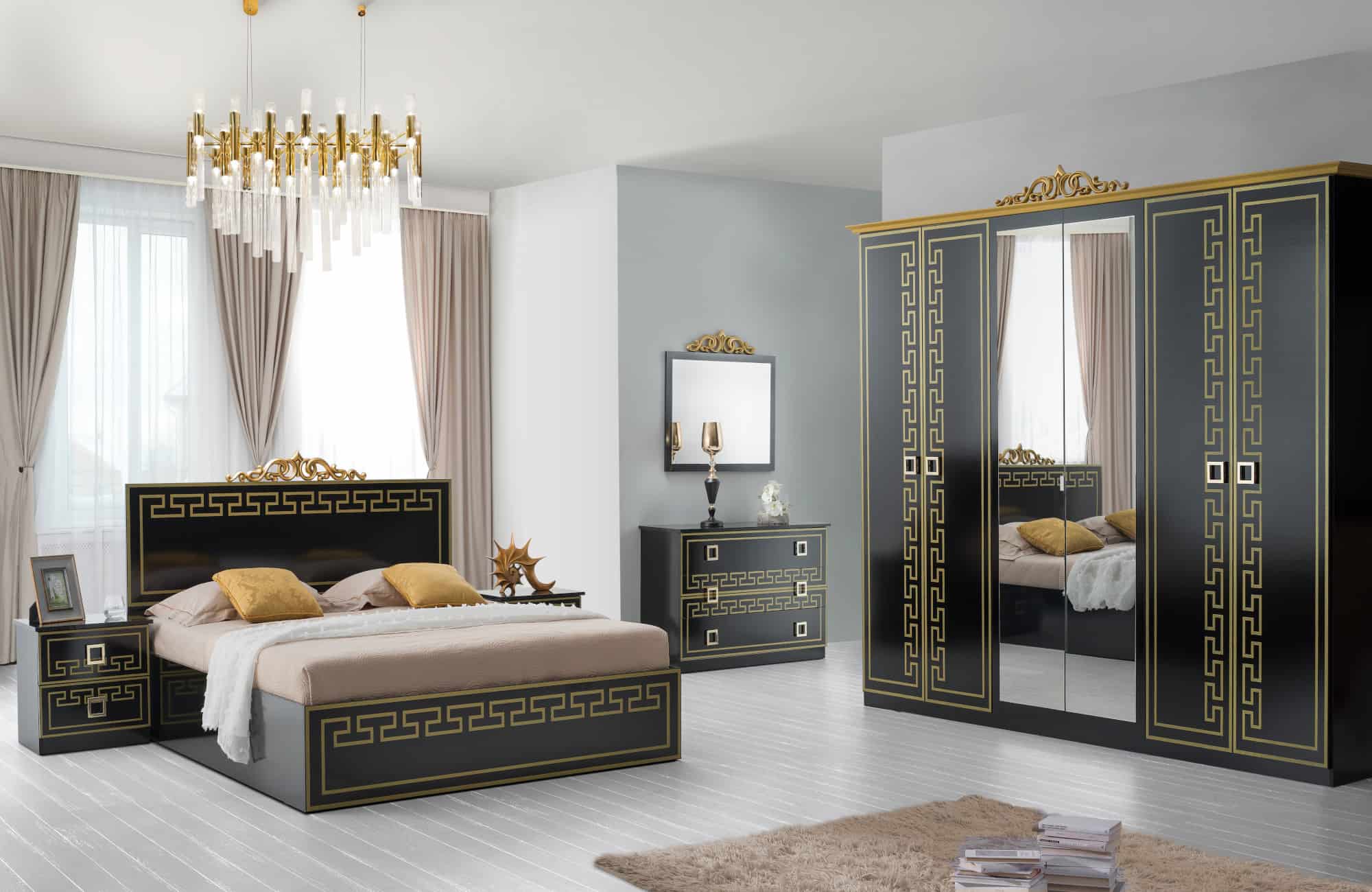 Dormitor Olimp negru lucios cu auriu, format din 6 piese