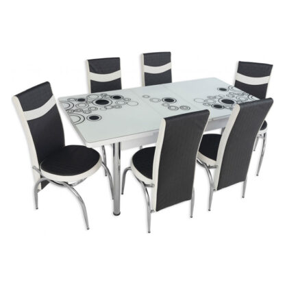 Set masă sticlă extensibilă cu 6 scaune culoare alb cu negru