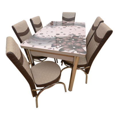 Set masă sticlă extensibilă cu 6 scaune culoare maro