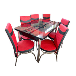 Set masă sticlă extensibilă cu 6 scaune culoare negru cu roșu cu motive florale