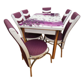 Set masă sticlă extensibilă cu 6 scaune culoare mov cu alb