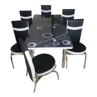 Set masă sticlă extensibilă cu 6 scaune culoare negru cu alb