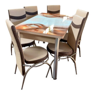 Set masă sticlă extensibilă cu 6 scaune culoare crem cu maro