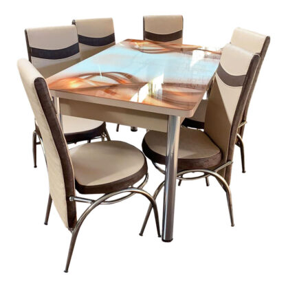 Set masă sticlă extensibilă cu 6 scaune culoare crem cu maro