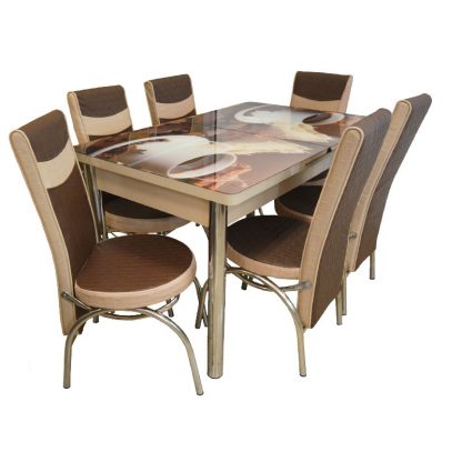 Set masă sticlă extensibilă cu 6 scaune culoare maro cu crem